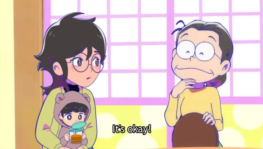 A screenshot edit or redraw which includes Aly and Kousei interacting with Matsuyo. The screenshot is taken for Osomatsu-san: The Soul's Takoyaki Party and the Legendary Sleepover 