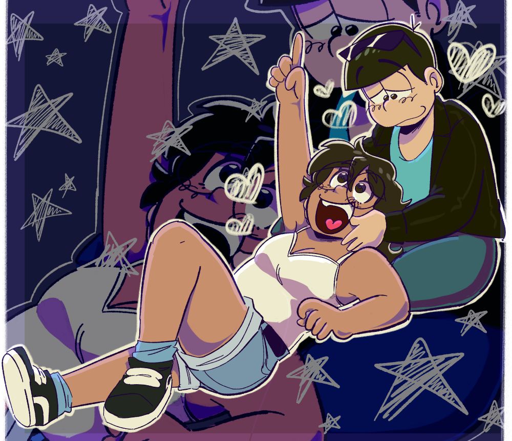 Aly is lying on their back and pointing up to the sky, with their head in Karamatsu's lap. Karamatsu is sitting with crossed legs, holding Aly's face. The background is dark blue. There is a low opacity zoomed in image of the same scene in the background behind the two. There are doodled hearts around Karamatsu's head, and stars in the background.