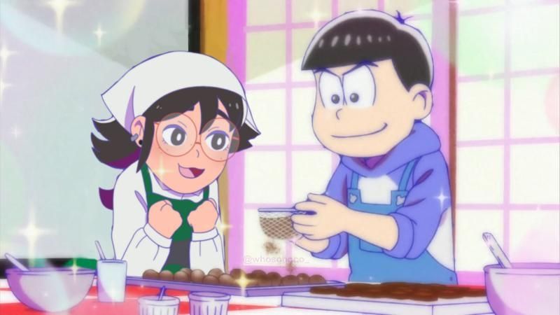 An Osomatsu-san screenshot edit of Aly and Karamatsu preparing homemade chocolates together.