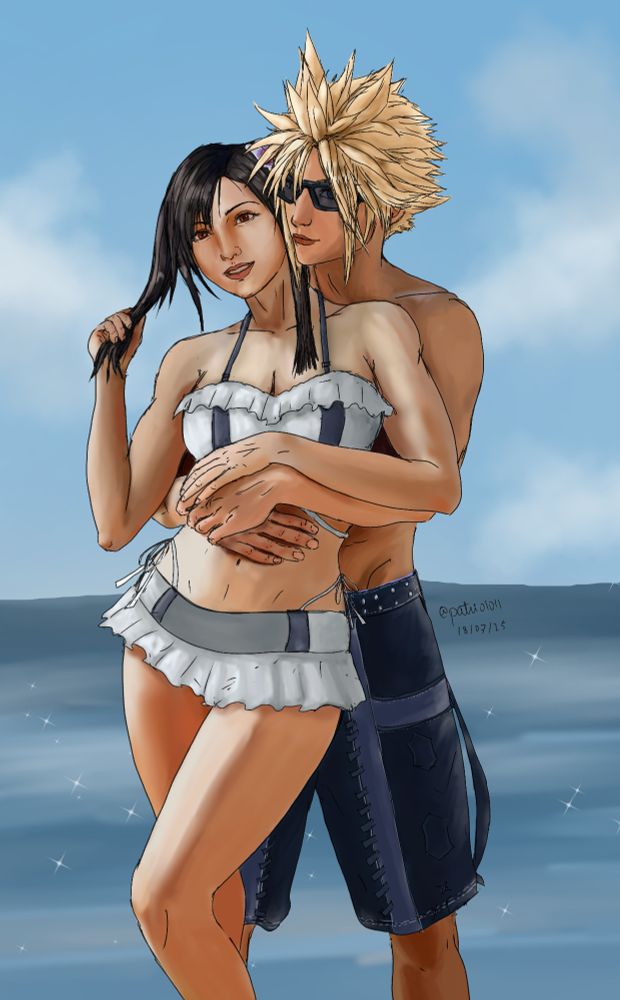Cloud and Tifa enjoying their time at the beach