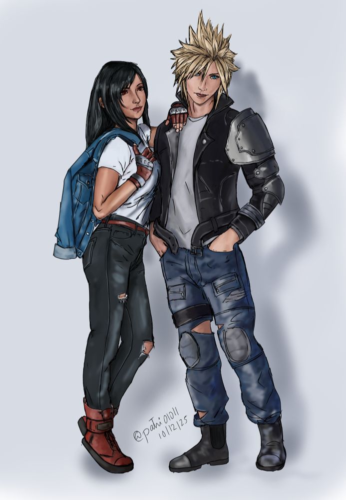 Cloud and Tifa wearing a casual outfit