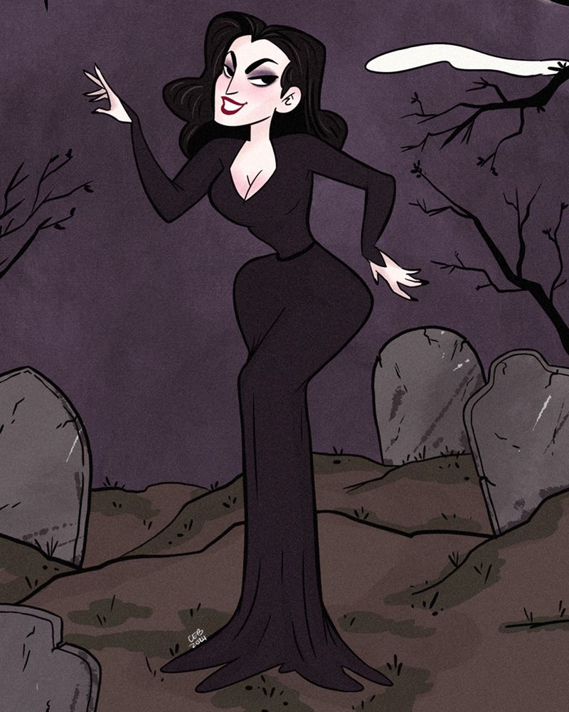 Halloween illustration of a pinup woman in a graveyard 