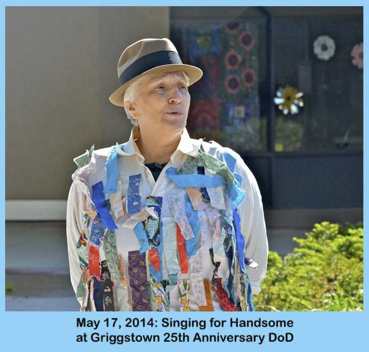 Woman in a rag shirt on a sunny morning singing for for a molly dance.
