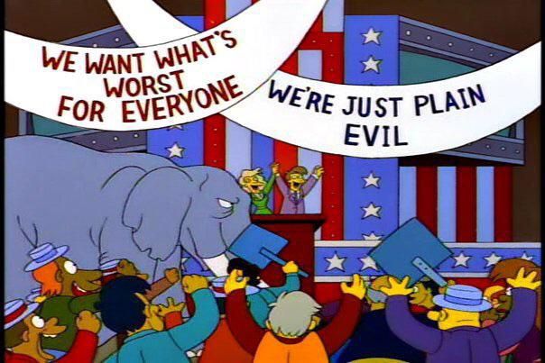 Screenshot of the simpsons. Republican party convention. Banners reading "we want what's worst for everyone" "we're just plain evil"