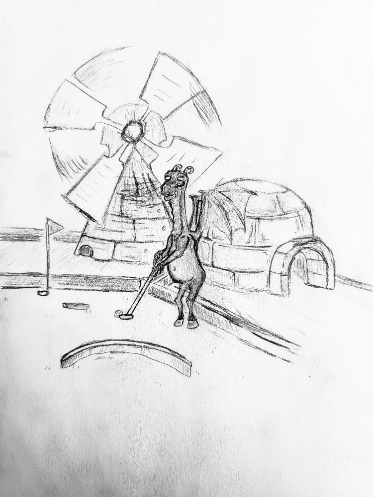 A pencil drawing of the Jersey devil playing mini golf. He's like a dragony goat fella with bat wings and hooves. He's putting quite close to the hole. There's a windmill and an igloo behind him and a barrier in front of him. A small barrier separates his ball from the hole and flag. 