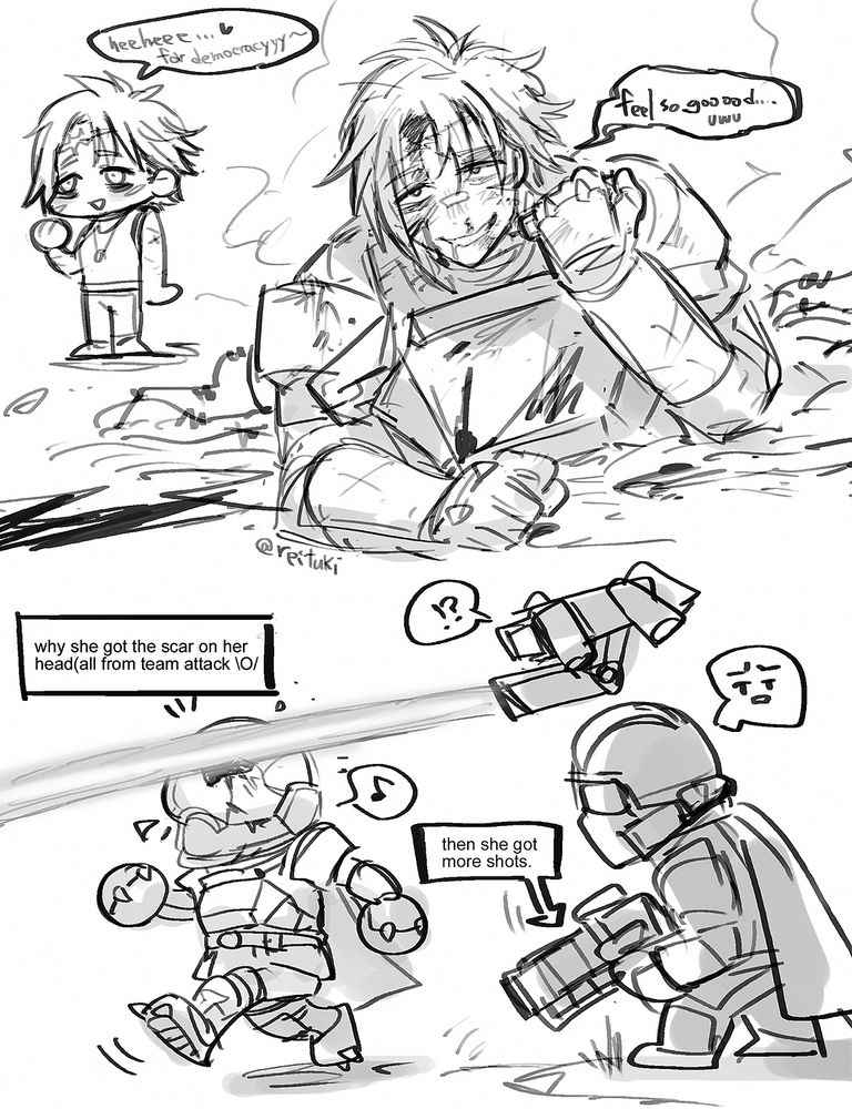 she is not a badass person, all scars mostly are by the comrades (or herself) :>