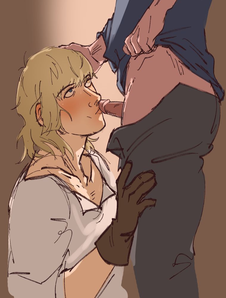 digital coloured sketch of my oc Aseias on his knees with a stranger's cock pressed to his pursed lips, he peers up with passivity despite the flush across his cheeks and holds a gloved hand against the man's thigh. the stranger holds up the hem of his own shirt for access and goads Aseias closer with a hand on his head. they are backlit by an alley opening or maybe an ajar door.