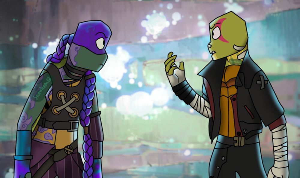 A WIP digital drawing of Leo and Donnie from rise of the teenage mutant ninja turtles. as this is an arcane crossover, leo is vi and donnie takes the place of jinx. leo is glaring in shock at donnie, holding out a hand as if to bring it to his face. donnie looks like he is judging leo. Instead of the usual 3 fingers, Leo has five. donnie's battle shell is missing.