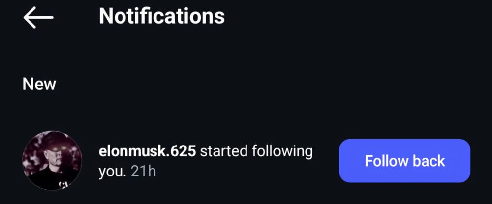Instagram notification list that reads "elonmusk.625 has started following you"