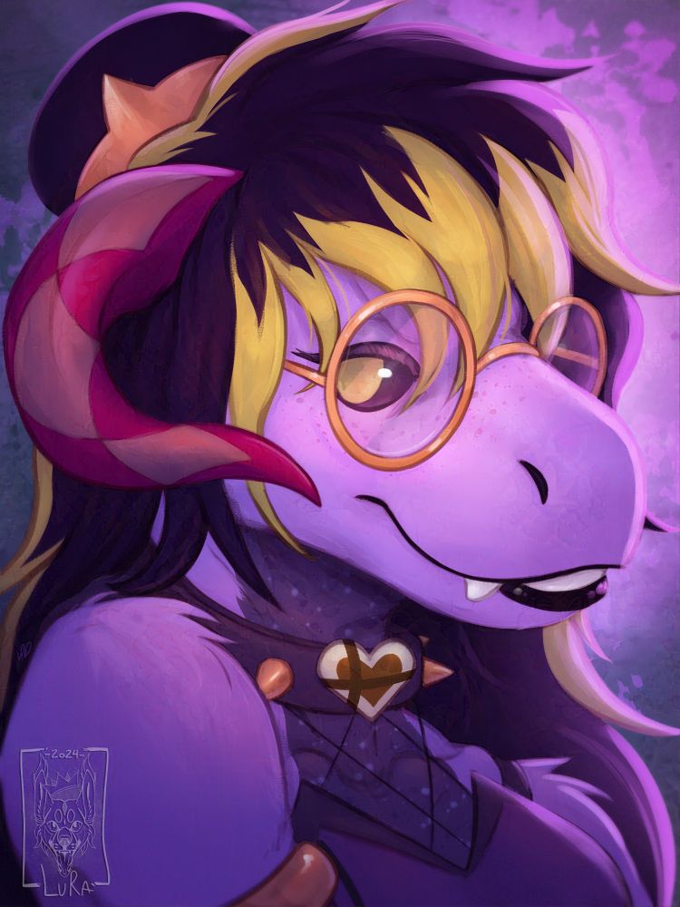 A digital artwork of an anthro, fluffy, purple dragon seen from the neck up. She's looking at the viewer with a smile