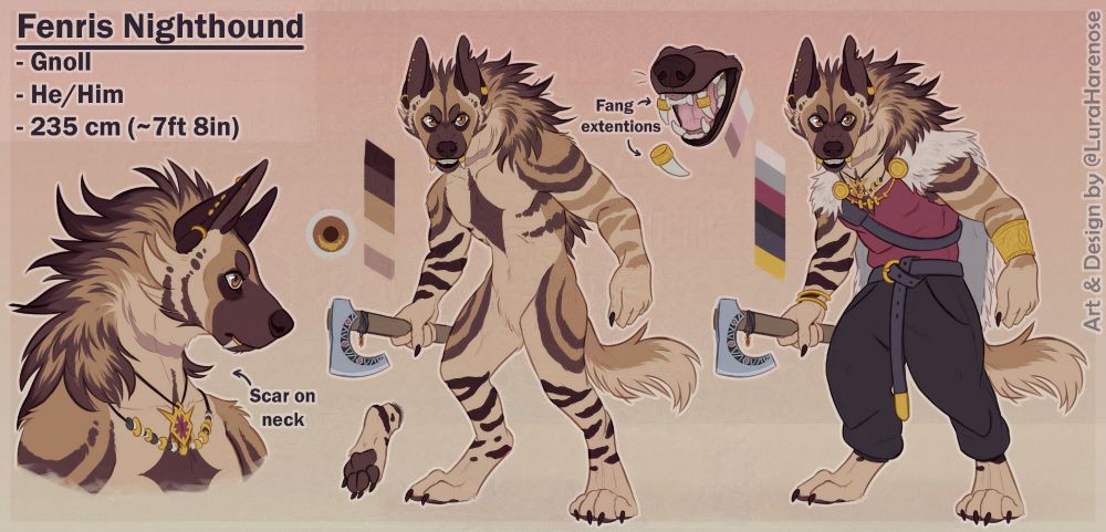 A digital artwork. It's a refsheet of a gnoll, seen from multiple different angles. His fur is different shades of bright brown.