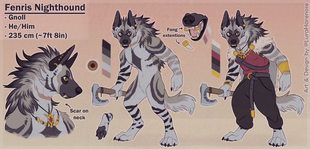 A digital artwork. It's a refsheet of a gnoll, seen from multiple different angles. His fur is mostly greys and desaturated browns.