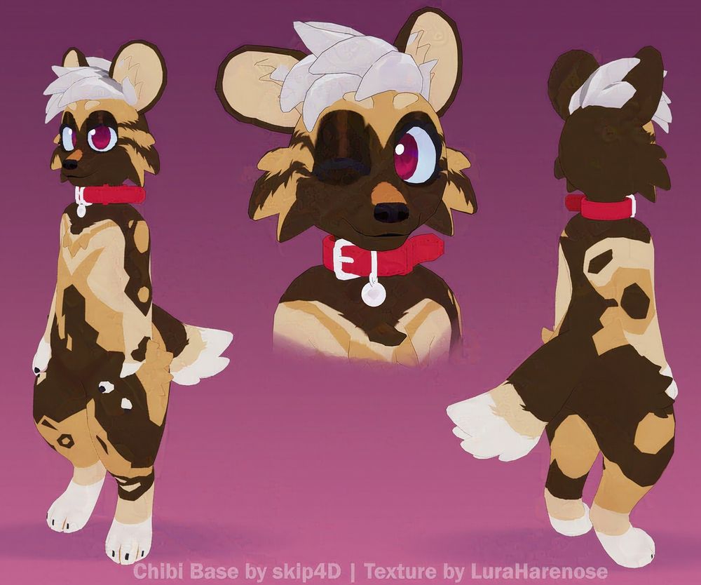 A 3D model of a cute anthro african wild dog character seen from multiple different angles