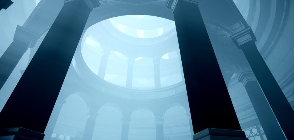 The image displays a large temple. Strange round mirrors with dark pillars are placed on each end. Enormous arches and pillars stretch forth towards the sky.