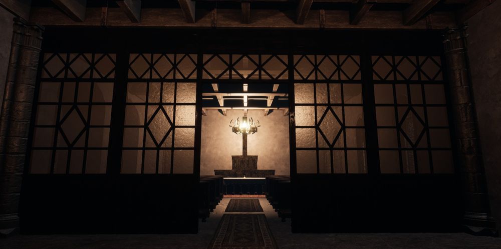 A large cross is resting behind a chandelier on an altar in a small chapel room. The chandelier makes it appear as if the cross had horns.