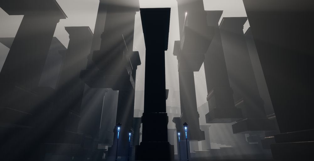 A square of four blue streetlamps marks the start location of the boss encounter. Enormous pillars rise into the sky creating stairways for the player.