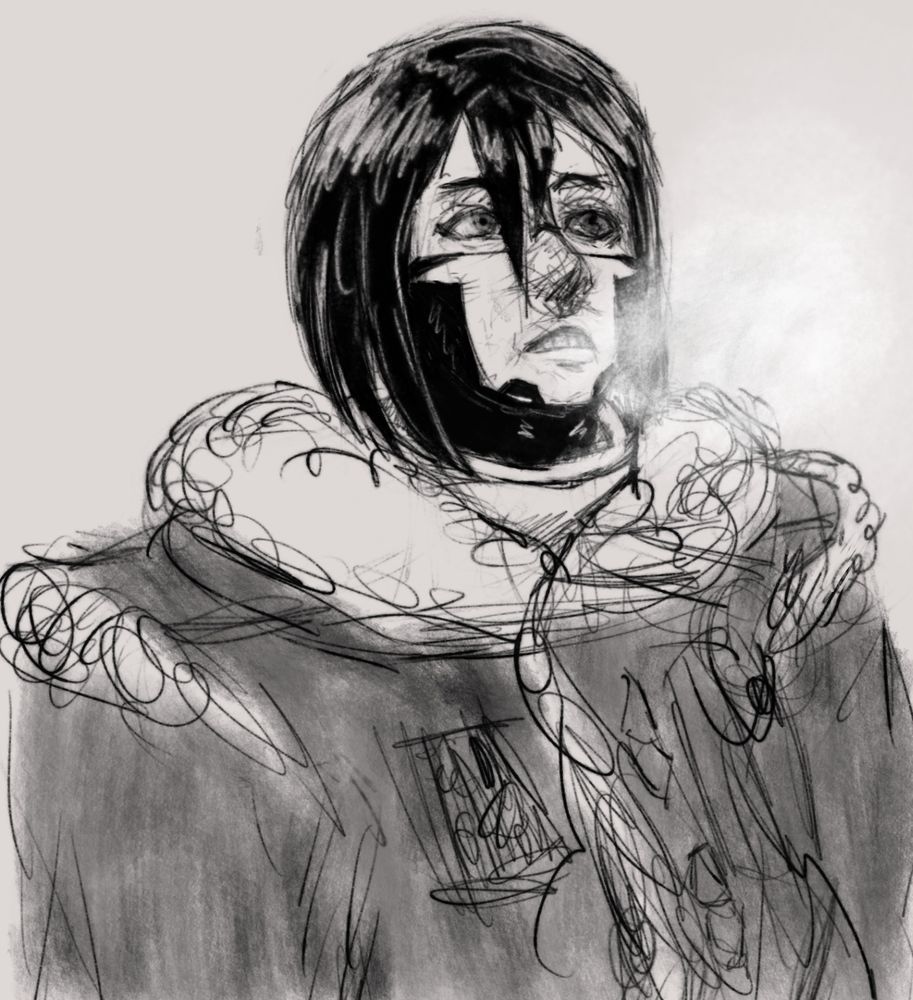 A storch unit wearing a big fluffy coat over her body armour, she's looking upwards at the aurora on Rotfront with an awestruck yet confused face (She's got a LOT of emotions running around like crazy in her head), letting out a sigh which comes out as a puff of steam due to the cold.