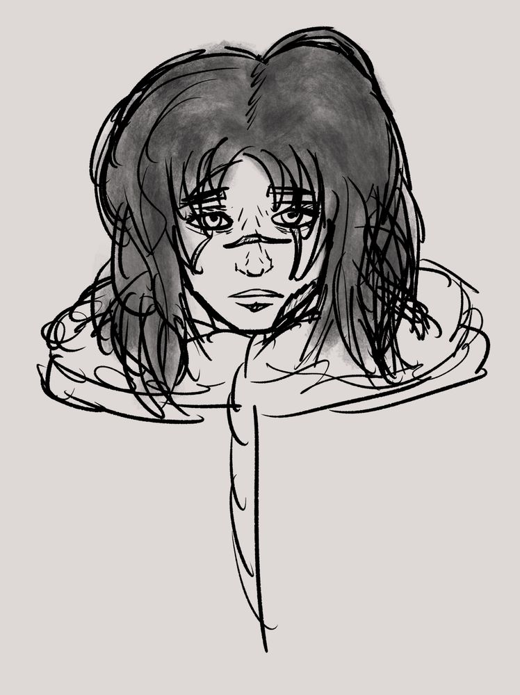 A digital sketch of my Signalis OC, Kai Schiff looking slightly upwards with a hollow expression.