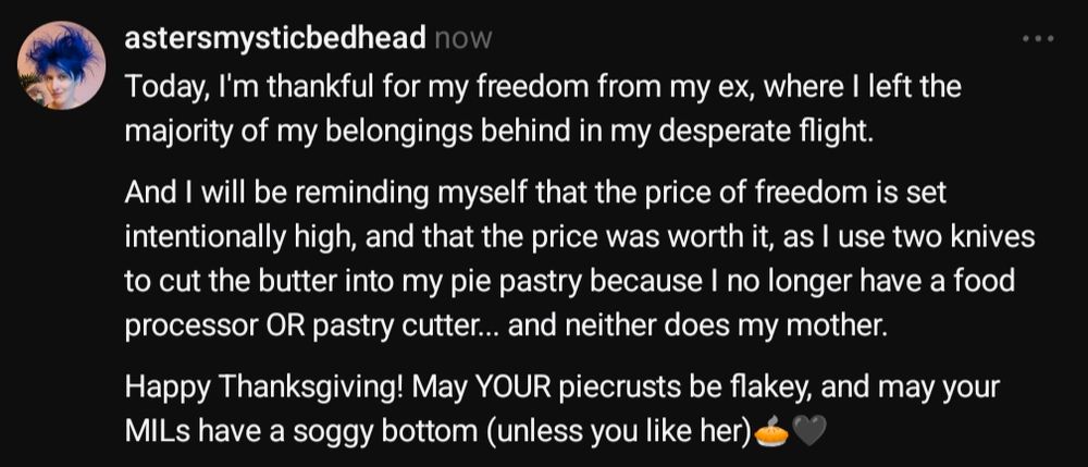 Today, I'm thankful for my freedom from my ex, where I left the majority of my belongings behind in my desperate flight.

And I will be reminding myself that the price of freedom is set intentionally high, and that the price was worth it, as I use two knives to cut the butter into my pie pastry because I no longer have a food processor OR pastry cutter... and neither does my mother.

Happy Thanksgiving! May YOUR piecrusts be flakey, and may your MILs have a soggy bottom (unless you like her)🥧🖤