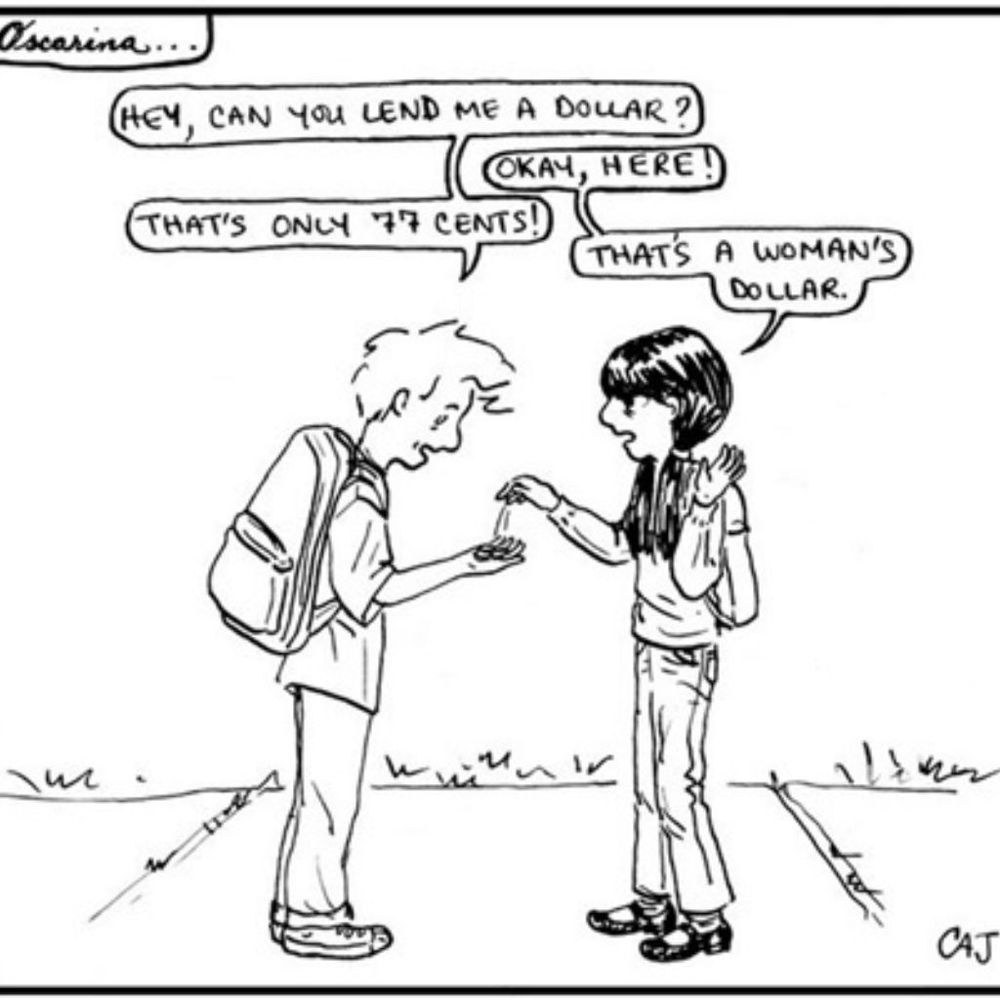 Cartoon image of a woman giving a man change for a dollar. The male in the cartoon says, "Hey, can you lend me a dollar?" The woman hands him some change. The man says, "That's only 77 cents."  The female says , "That's a woman's dollar." 

Cartoon courtesy of Oscarina with written consent for @SitAtTheTable to share
