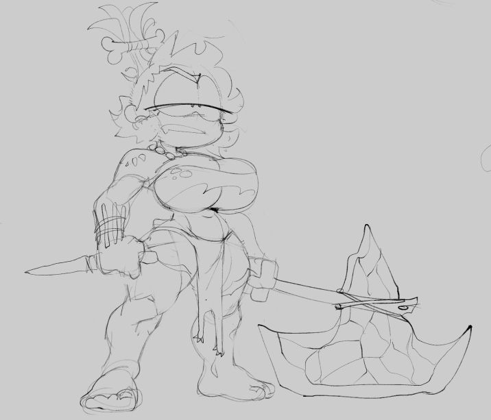 a disgruntled batty in 'caveman' attire, including a roughcut loincloth, a more chiseled physique, and some hewn stone weapons. also a funny bone in her hair. 