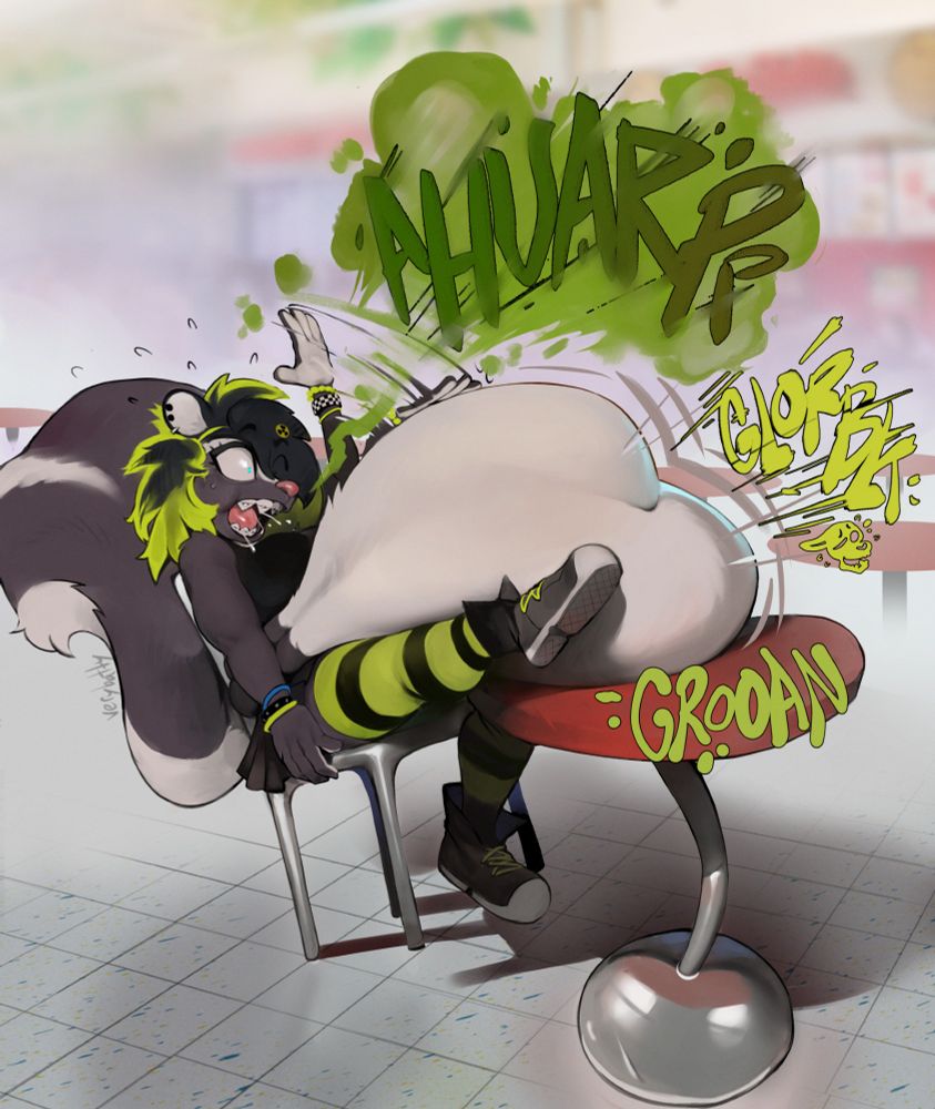 Ally is interrupted mid gut-slap as a massive belch erupts from her. Her belly shrinks in size dramatically, thoroughly liquifying Nikki. Ally's thighs, arms, and boobs all swell with the extra weight.