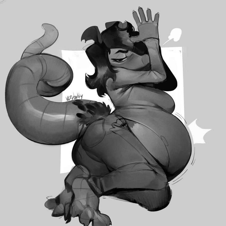 Poss (they/them), an anthro opossum, poses dramatically in a black and white shot. Their tail is lifted and facing the camera, which they look at with a cold expression. they have a swollen belly that is showing signs of movement. 