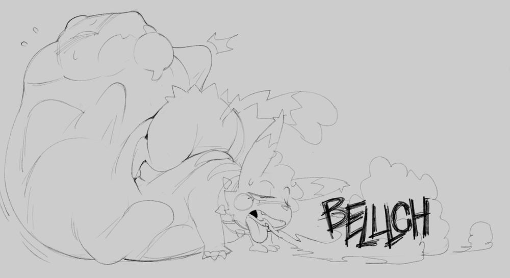 an over-encumbered battychu belches heartily as an ampharos struggles in their oversized belly. 