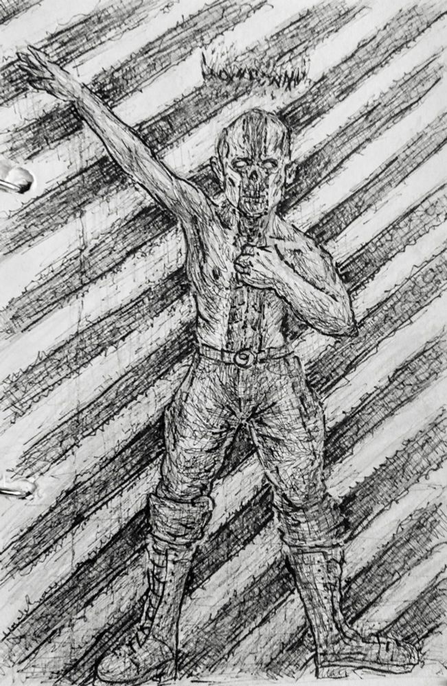 Pen and ink drawing of a shirtless figure with skin flayed from head to crotch in a vertical stripe, one hand over heart, the other in the presidential salute of Horatio. Over his head is a crown of barbed wire. The background stripes angled at approximately 45 degrees.