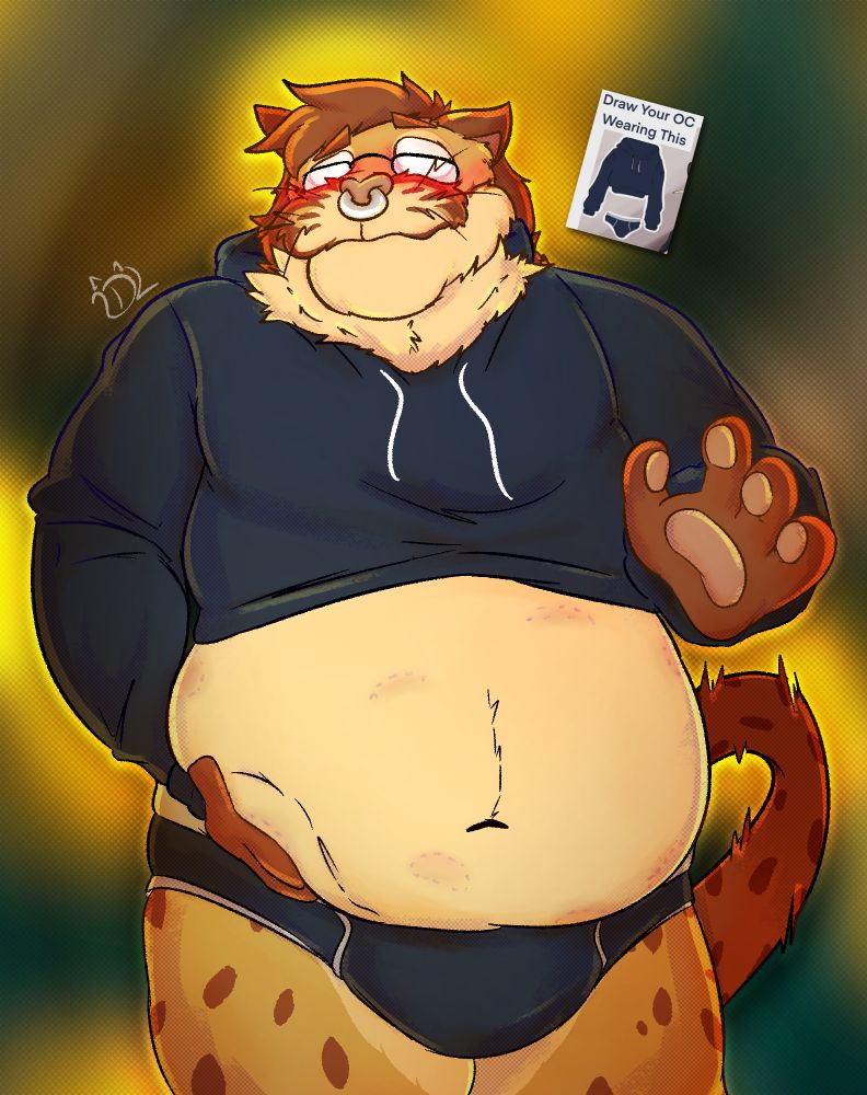 A fat, fluffy, feline man wearing nothing but a cropped hoodie and a matching pair of briefs. He is holding the flab of his belly with his right hand. His expression is embarrassed, with a bright blush painting his cheeks. His belly is covered in bruises because of a smattering of bite marks.