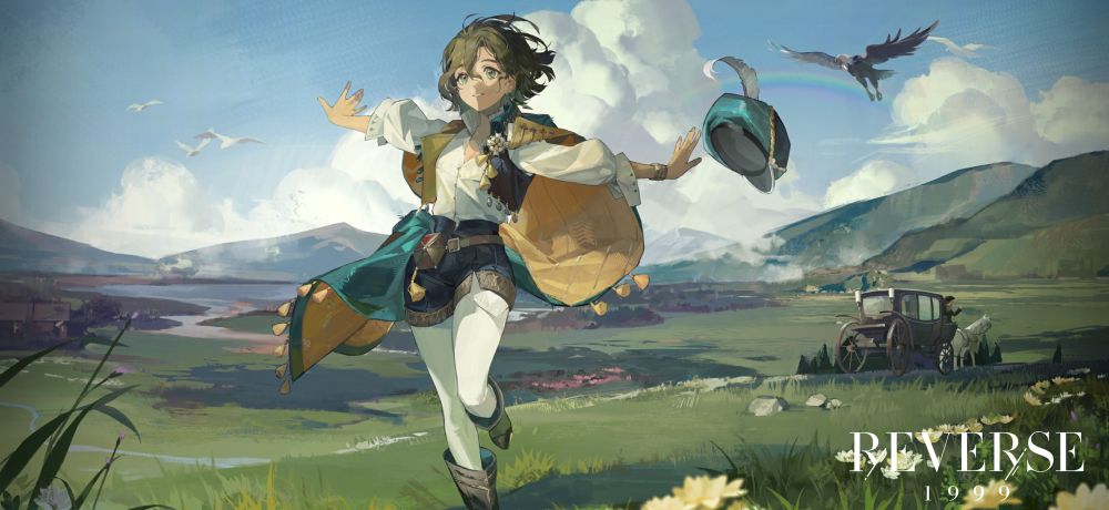 A white woman with short brown hair in a white blouse, white stockings and a black mini skirt with a green and tan cape prances through a windy plain with mountains in the background. Her feathered green cap has come off and drifts behind her. Off to the right, behind her, is a black horse-drawn carriage being drawn by a white horse.