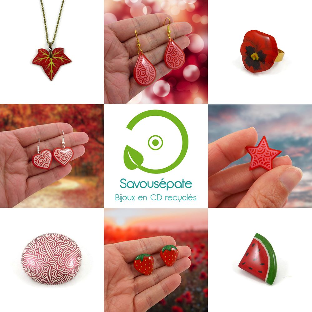 Créations de la boutique Savousépate - www.savousepate.com

De haut en bas et de gauche à droite : 
- Collier feuille de lierre rouge
- Boucles d'oreilles pendantes gouttes rouges aux volutes rose
- Bague fleur de pensée rouge et noire
- Boucles d'oreilles pendantes coeurs rouges aux volutes blanches
- Logo de Savousépate - Bijoux en CD recyclés
- Magnet étoile rouge aux volutes rose
- Galet peint blanc aux volutes rouges métallisées
- Puces d'oreilles fraises 
- Pin's tranche de pastèque triangulaire