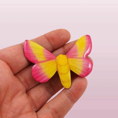Broche fantaisie éco-responsable en forme de papillon Anisote de l'érable rose et jaune.
La perle est réalisée en CD recyclé, découpée et peinte à la main, puis recouverte de résine.