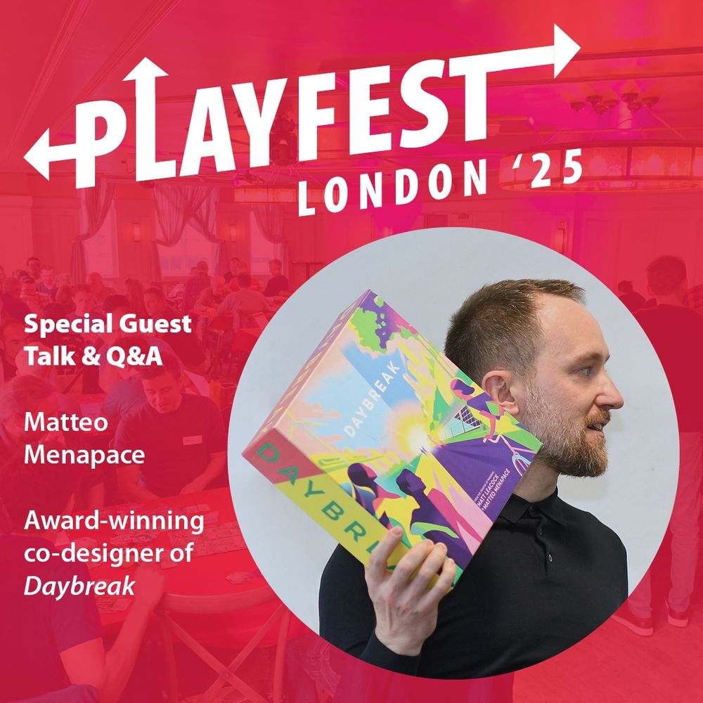 A graphic advertising Matteo Menapace's attendance of Playfest London. A picture of Matteo shows him holding a copy of Daybreak.