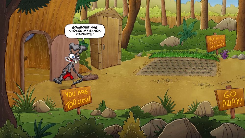 A rabbit exits his house to discover his carrot patch is empty