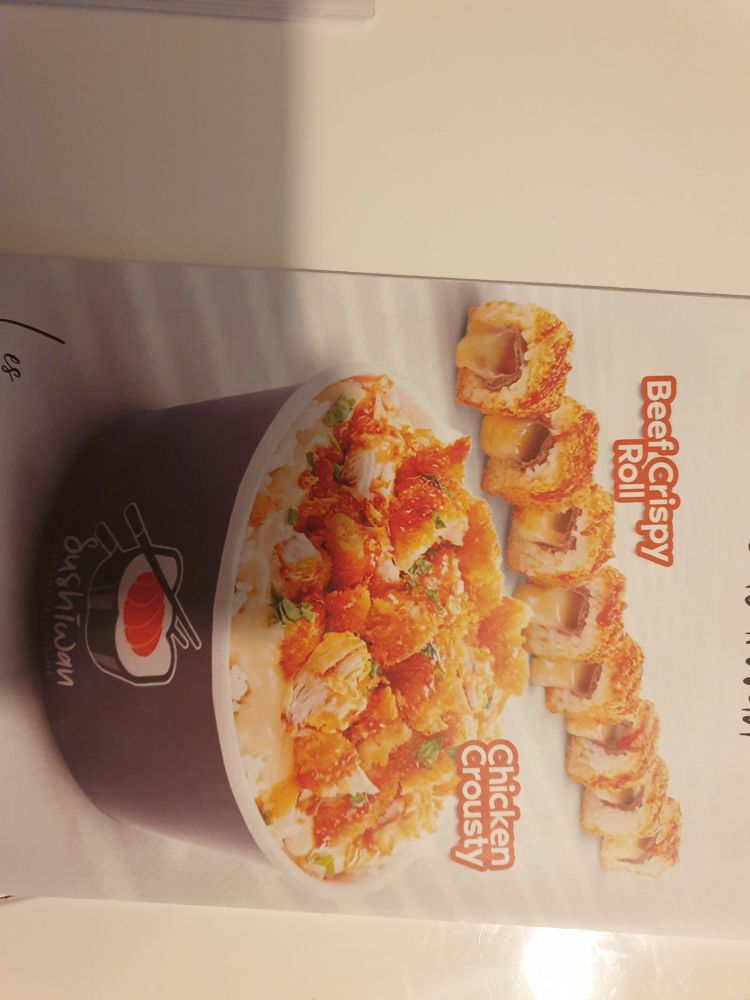 A sushi restaurant menu/ad leaflet, with a chicken crousty (=crunchy) shirashi with fried chicken and cheese sauce, and a beef crispy roll with bacon and probably mozarrella cheese.
