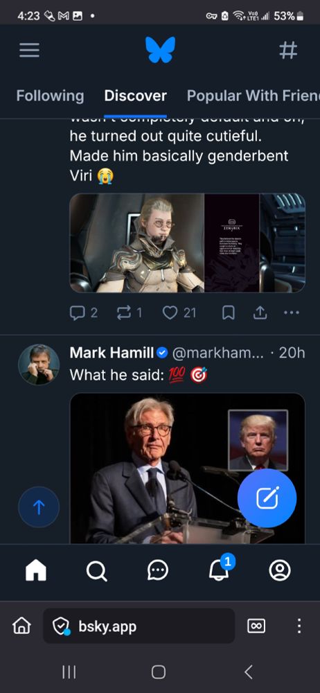 Screenshot of two unrelated posts illustrated with the top one referring to a "genderbent Viri" and the bottom one picturing a bespectacled Harrison Ford at a podium with an inset shot of Trump. Superficially the first illustration resembles Ford.