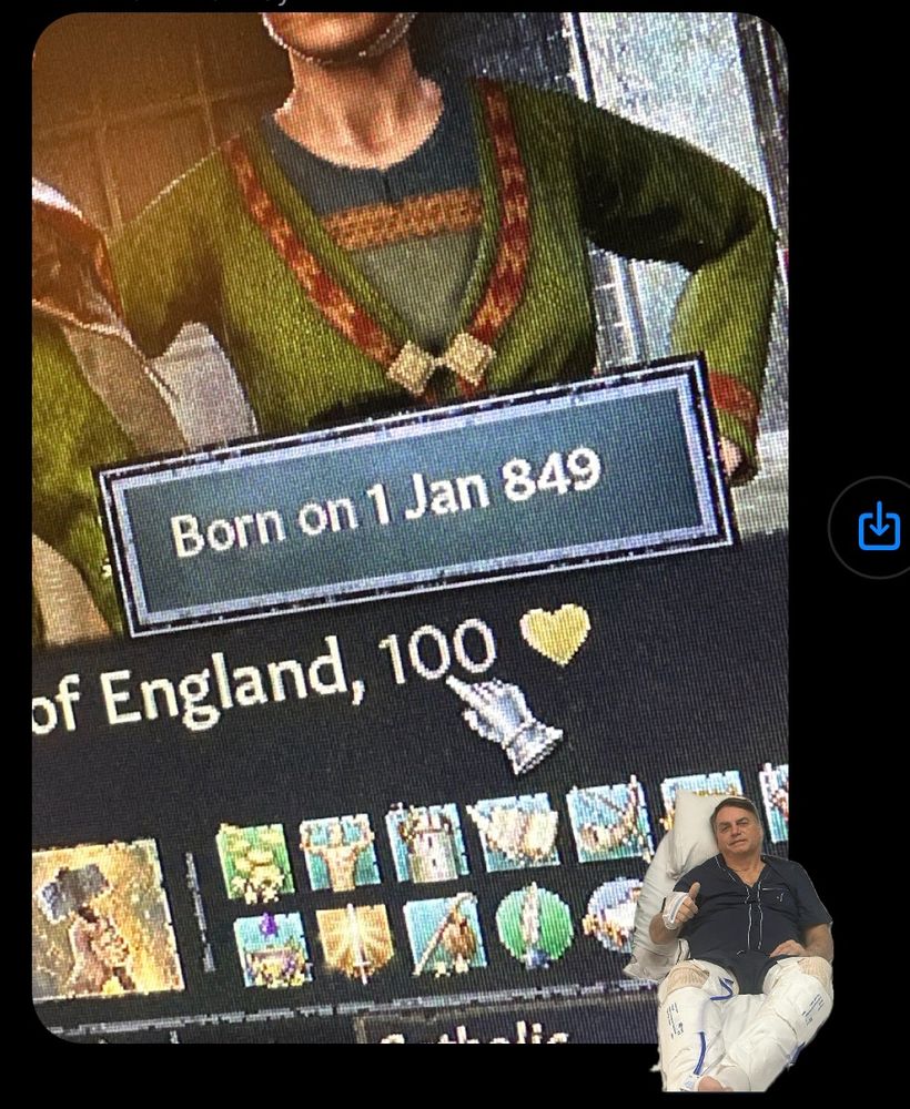 A photo of a character chart from the video game “crusader kings 3”, indicating the character is 100 years old with an iOS sticker of Jair Bolsenaro giving a thumbs up from a hospital bed on it.