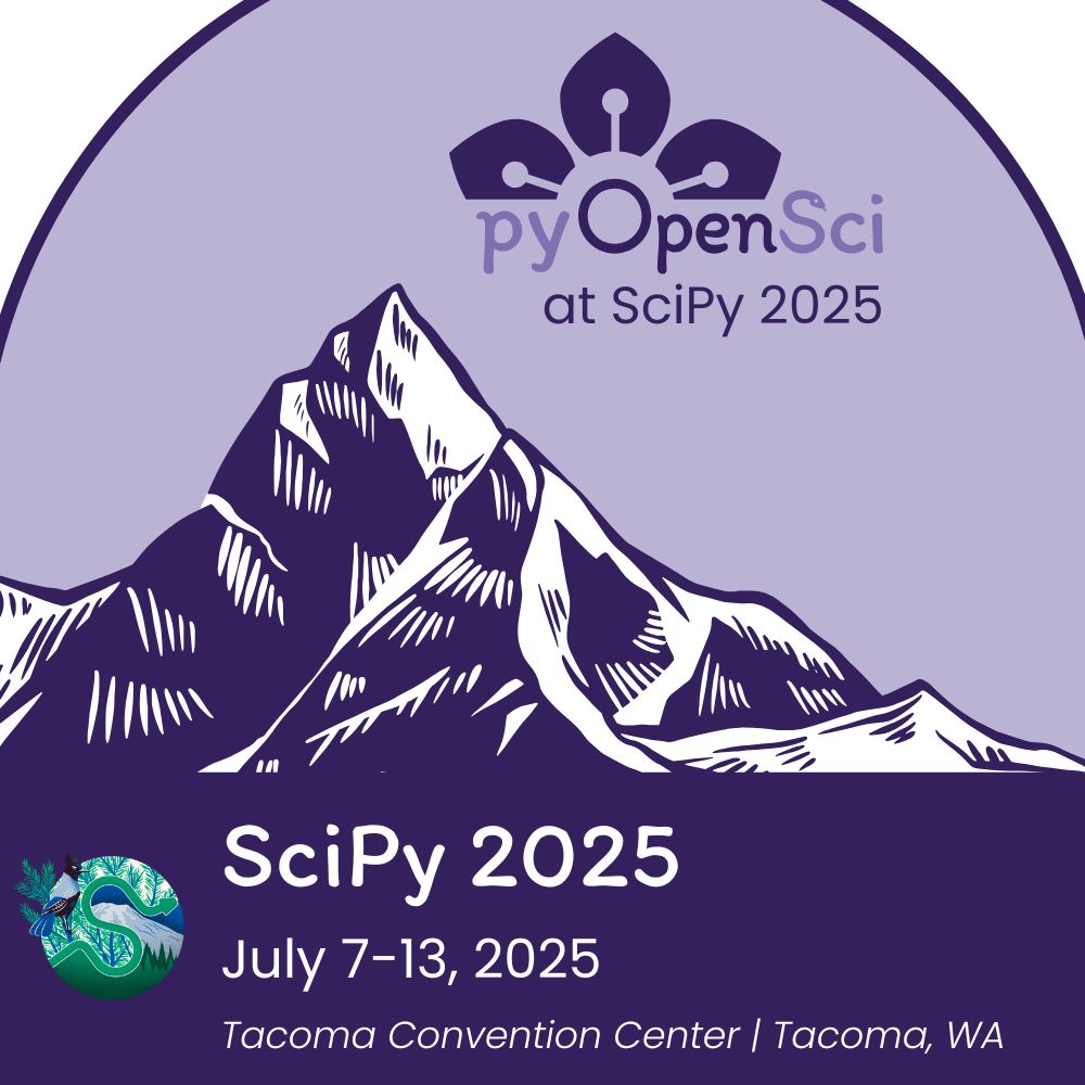 Illustration of a purple mountain under a lavender sky with the text “pyOpenSci at SciPy 2025” above the peak. Below, a banner reads “SciPy 2025, July 7–13, 2025, Tacoma Convention Center | Tacoma, WA” with a small circular SciPy logo featuring a river, evergreen trees, and a bird.