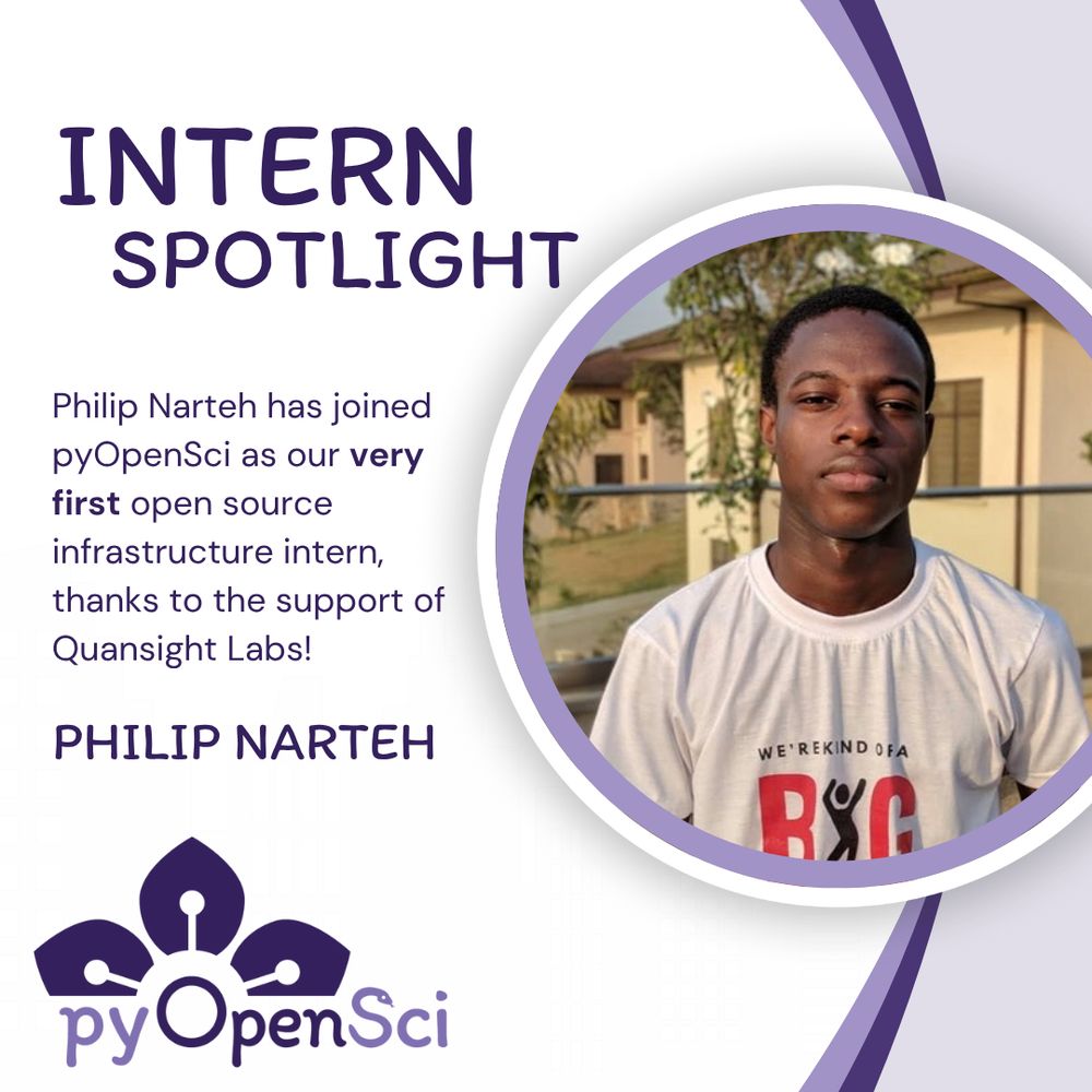Graphic introducing pyOpenSci’s first open source infrastructure intern. Text reads: “INTERN SPOTLIGHT. Philip Narteh has joined pyOpenSci as our very first open source infrastructure intern, thanks to the support of Quansight Labs! PHILIP NARTEH.” The image includes a photo of Philip Narteh wearing a white t-shirt that says “WE’RE KIND OF A BIG DEAL,” and the pyOpenSci logo appears at the bottom. The design uses purple tones and rounded shapes.