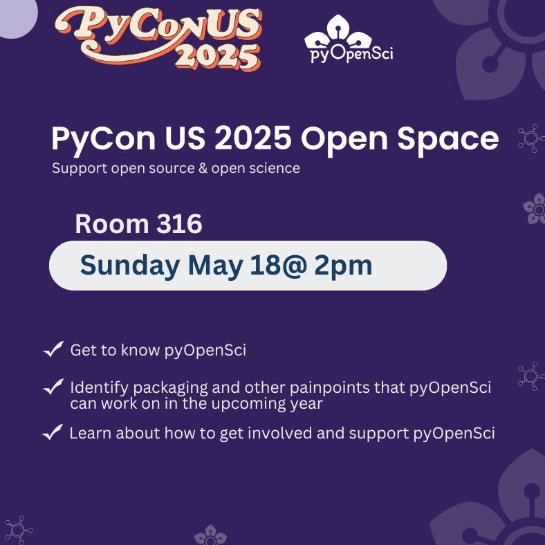 Flyer for PyCon US 2025 Open Space hosted by pyOpenSci. Event details: Room 316, Sunday May 18 at 2pm. Topics include getting to know pyOpenSci, identifying packaging and open science pain points, and learning how to get involved.