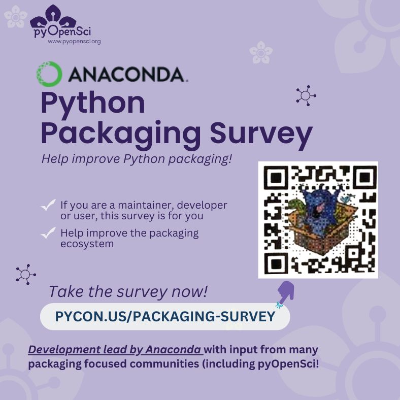 Flyer for the Anaconda Python Packaging Survey, encouraging maintainers, developers, and users to participate. Includes QR code and URL: PYCON.US/PACKAGING-SURVEY. Notes that development is led by Anaconda with input from packaging-focused communities including pyOpenSci.
