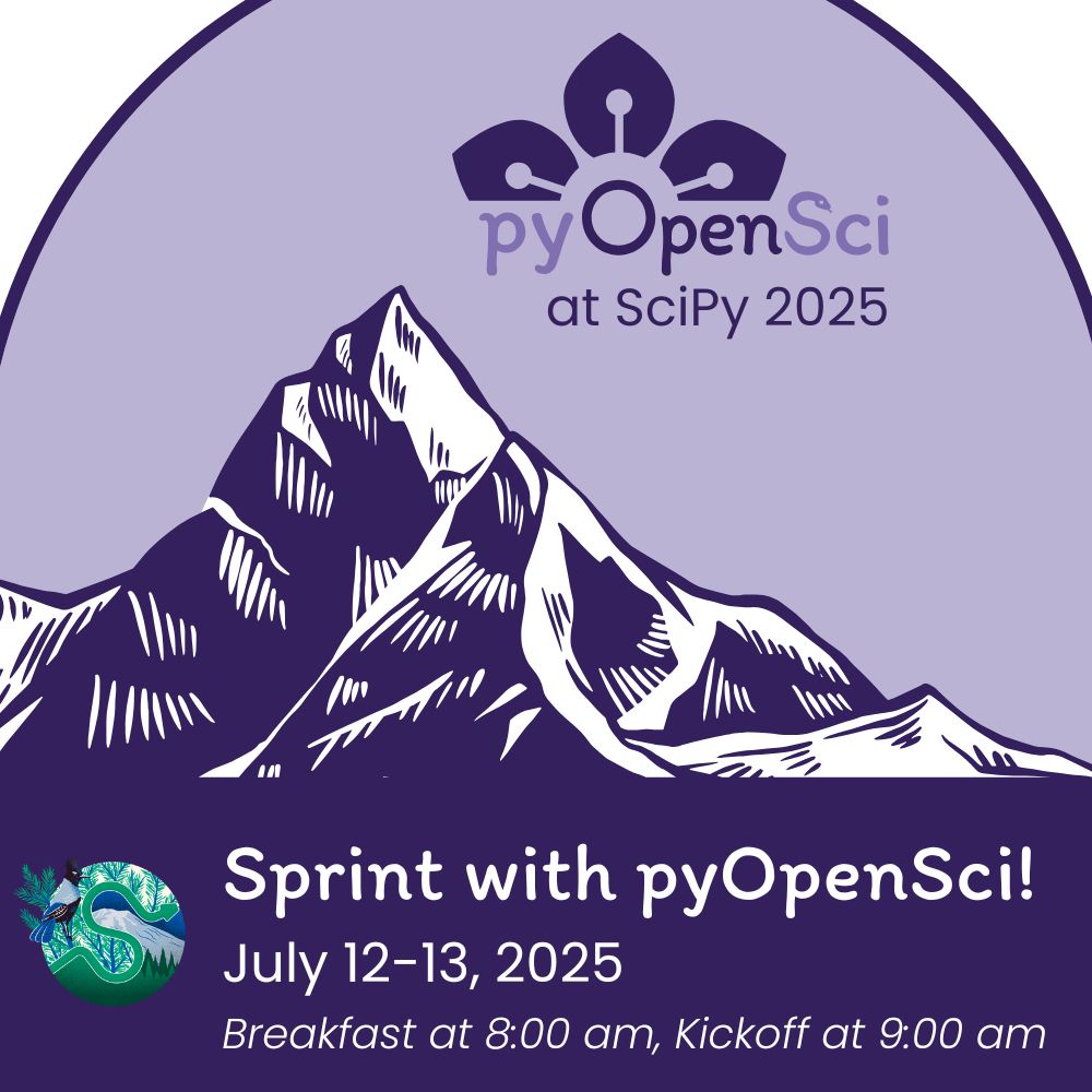 pyOpenSci at SciPy 2025” above it. Below the mountain, text reads: “Sprint with pyOpenSci! July 12–13, 2025. Breakfast at 8:00 am, Kickoff at 9:00 am.” A small circular logo with a river, trees, and a snake appears next to the text.