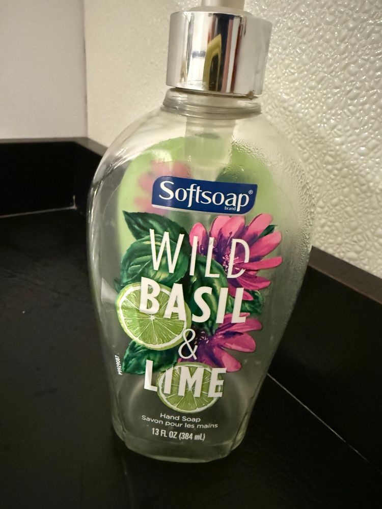 A bottle of Softsoap hand soap. The label features sliced limes and flowers. Inconsistently bolded text intertwined with the graphics reads “WILD BASIL & LIME” 