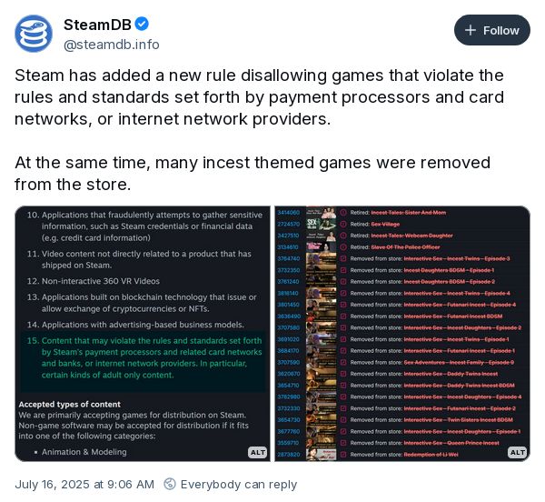 [Bluesky post from SteamDB (@steamdb.info) on July 16, 2025 at 9:06 AM]

Steam has added a new rule disallowing games that violate the rules and standards set forth by payment processors and card networks, or internet network providers.

At the same time, many incest themed games were removed from the store.


[Two images.  First show a screen capture of Steam's TOS, with an highlighted paragraph.  The highlighted paragraph is on the image's alt text:]

Content that may violate the rules and standards set forth by Steam’s payment processors and related card networks and banks, or internet network providers. In particular, certain kinds of adult only content.

[Second image's alt text:]

SteamDB screenshot showing removed games from the Steam store at the same time as the rule was added.