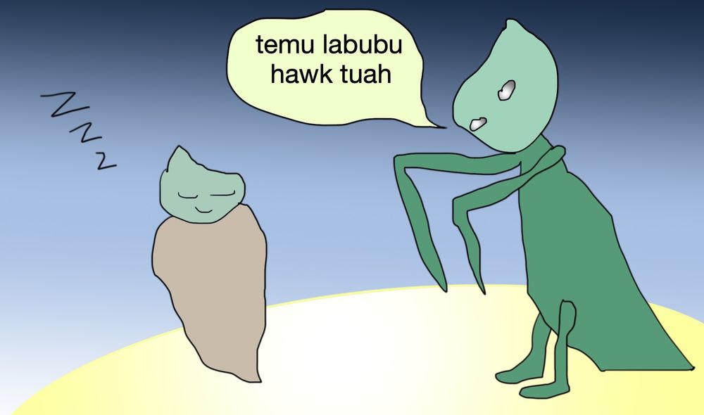 a bug says Temu Labubu Hawk Tuah to a sleeping baby bug