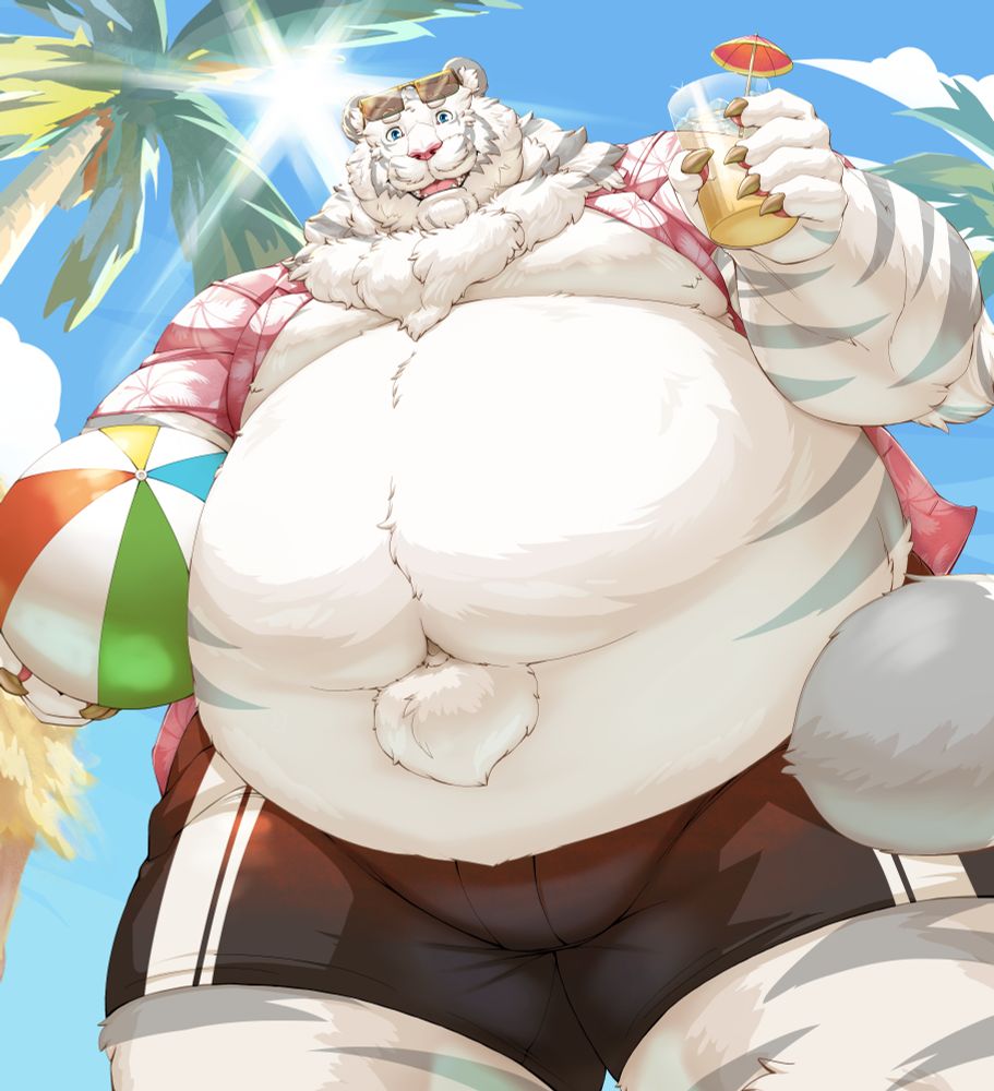 Hot summer heat is here~ and pudgy tiger Ralph is out on the beach asking around for a good company and blocking some sun while at it~! Could have sworn he was working on summer beach body, but looks like all he did was bulking up! Stay cool everyone! #furry #furryart #anthroart 