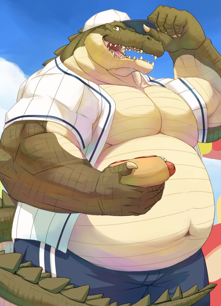 Been a while since I drew a scalie and pretty sure someone wanted to see more pudgy gator again! The round alligator is getting himself some hot dog and it looks like he is out and about to watch some baseball games, or maybe play~! #furry #furryart #scalie #oc