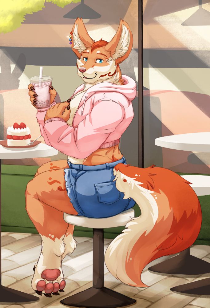 About time to get these done~! Drawing done for @karmapupper from the raffle of his fennec fox sona, enjoying them strawberry desserts~! It is not often that I do leaner type characters so this was quite fun and also first time doing fennec fox too~!