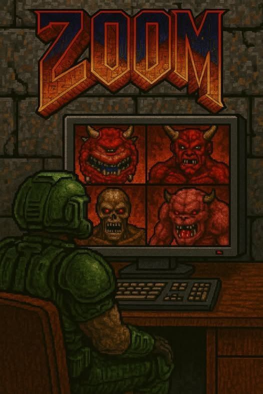 A picture of Doom guy sitting in front of a monitor, displaying 4 demons in a grid. The title above is ZOOM